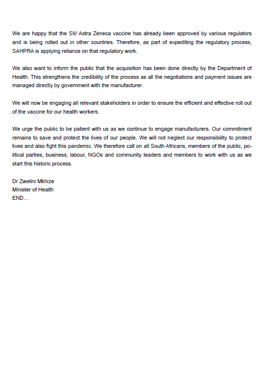 [Statement] Update on SARS-COV-2 Coronavirus vaccine rollout strategy by the Minister of <a href="/HealthZA/">National Department of Health</a>, <a href="/DrZweliMkhize/">Zweli Mkhize</a> #COVID19SA gov.za/speeches/minis…