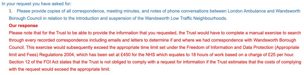~ @Ldn_Ambulance refused to provide their correspondence with  @wandbc. The council has refused similar requests on the basis that the information is sensitive. London Ambulance has no such concern. It would just take them too long to collate the material. 4/n