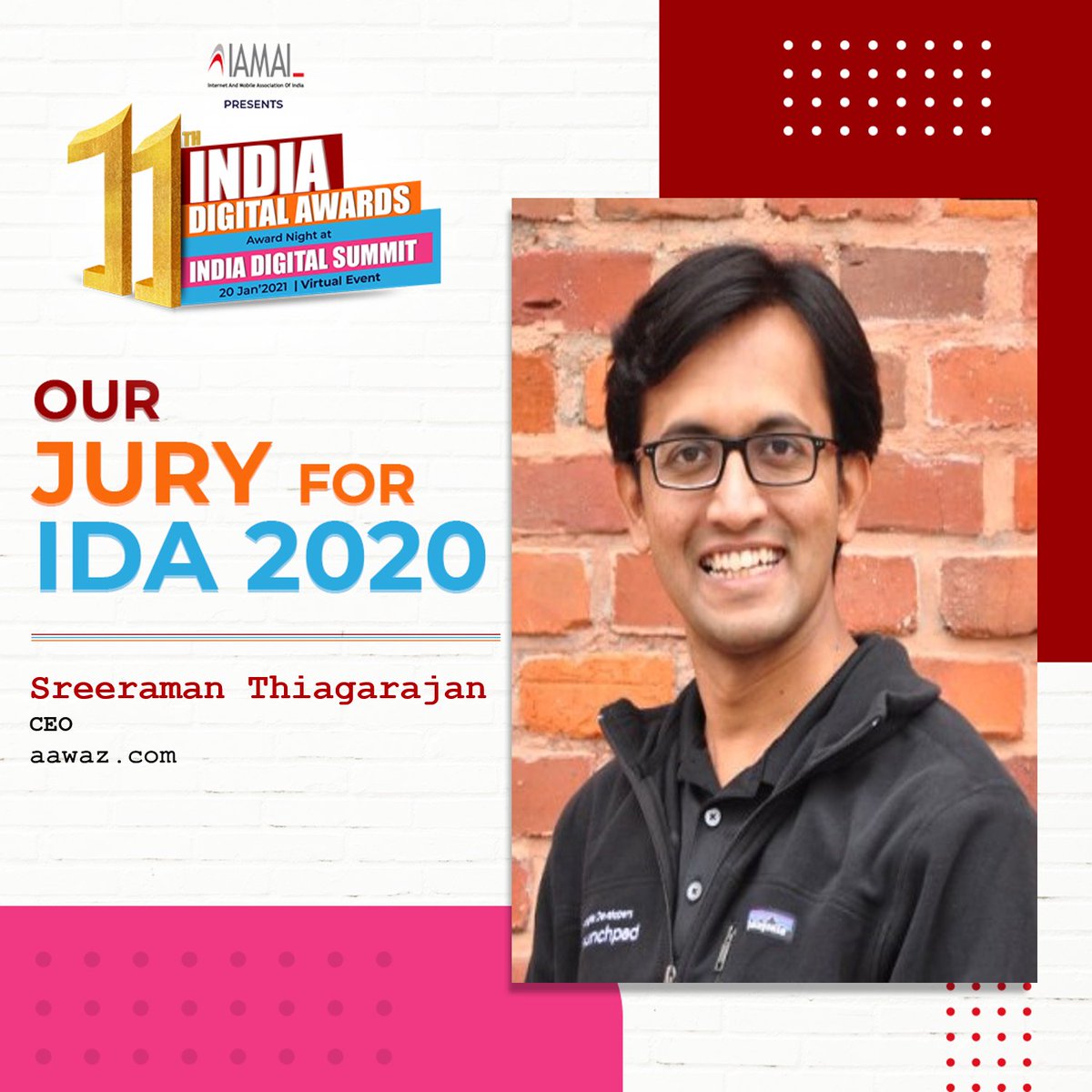 IAMAIForum's tweet photo. We are excited to announce jury member Sreeraman Thiagarajan, CEO, @AawazDotCom for the 11th India Digital Awards.
#Digital #IndianAwards #Jury #11IDA #IDA2021 @sreeraman
Register to join us for #11IDA #15IDS: https://t.co/uYuIp8d3Ij https://t.co/EcaVeHCn6X