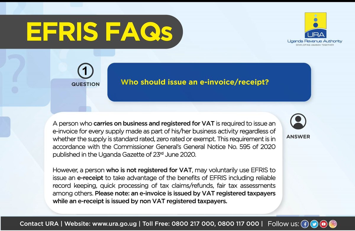 URAuganda's tweet photo. Who is required to issue an e-invoice or e-receipt?

#Kakasa that you enroll for EFRIS to enjoy the benefits that come with it here👉 https://t.co/WuZYBtJDUc

#URAweeklyFAQs https://t.co/1wMFMXEENf
