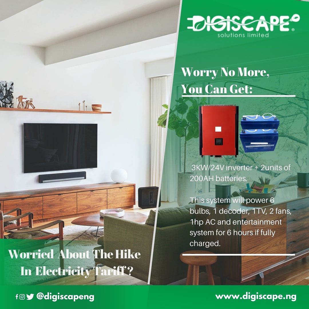 Digiscapeng's tweet photo. Worried about power and the tariff hike? It's time to switch to #digiscape where we promise:
* Quality and High Performing Equipments
* Excellent Customer Service
* Flexible Monthly Payment Plan
* Free Audit
* Great Energy Experience
(1/2) https://t.co/q8f4jrgGWT
