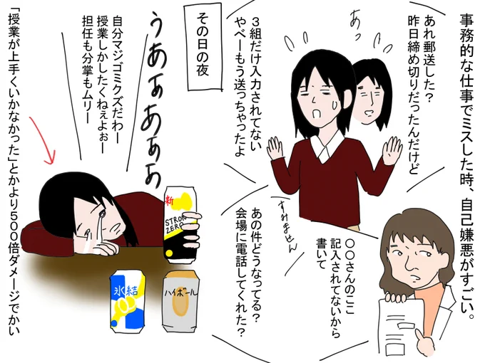 事務的な仕事でミスした時の自己嫌悪がすごい。
教員の仕事って授業・ホームルーム・部活の「その場面」だと思われがちですが、実は事務的な仕事が多く、「大人に迷惑をかける」分、事務仕事でのミスをすると時間的・精神的なダメージがすごい。自分が悪いのですが…。 