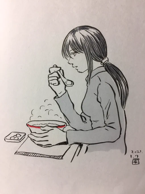 七草粥を食べる女の子、を描きました 
