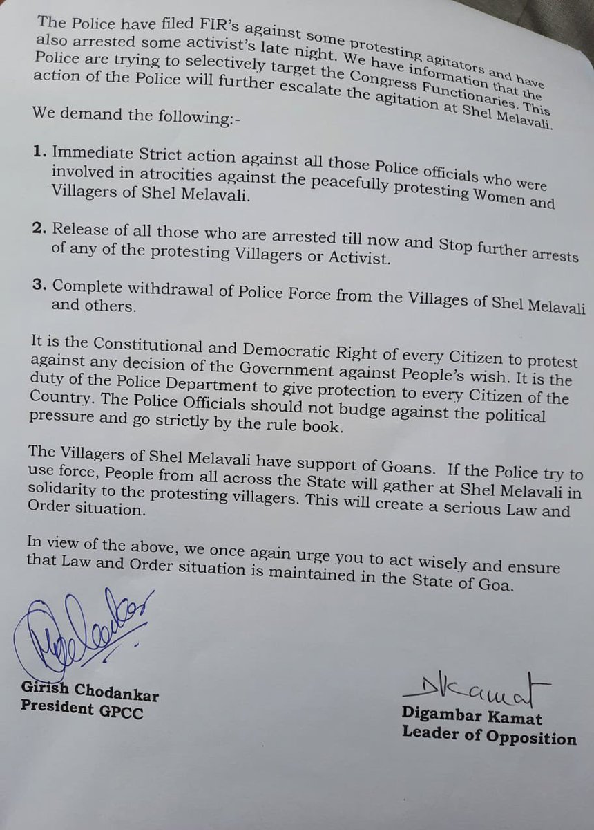 digambarkamat's tweet photo. We have submitted a Memorandum to @DGP_Goa  with our demand to give justice to Shel Melavli Villagers, which was accepted in his absence by IGP Rajesh Kumar. We hope better sense will prevail &amp; all will act wisely to avoid Law &amp; Order problem in future. @girishgoa @INCGoa https://t.co/cVNxxk9Kcf