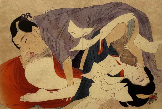 明治期の春画。
相舐めの構図は見応えがありますし、鎌倉時代頃からは少なくとも描かれていたようですね。
ひらひらと舞う始末紙と、ぐっと褌をずらす仕草、玉門に埋まる男の顔、緋色の腰巻きなど細部まで描けていて好きです。 