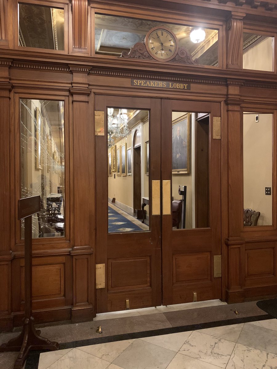 And this is where the woman was shot. These are the doors to get into the “Speaker’s Lobby” off the House chamber. Three pains of glass missing. One is shattered. Shards of glass remain on the floor