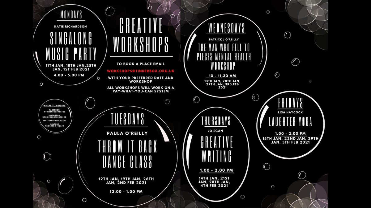 Be a part of our creative bubble!! Next week, we are launching a range of online workshops to help keep your creative juices flowing during January. We are offering these workshops on a pay-what-you-can model, simply email workshops@tinderbox.org.uk with your choice. Easy peasy!