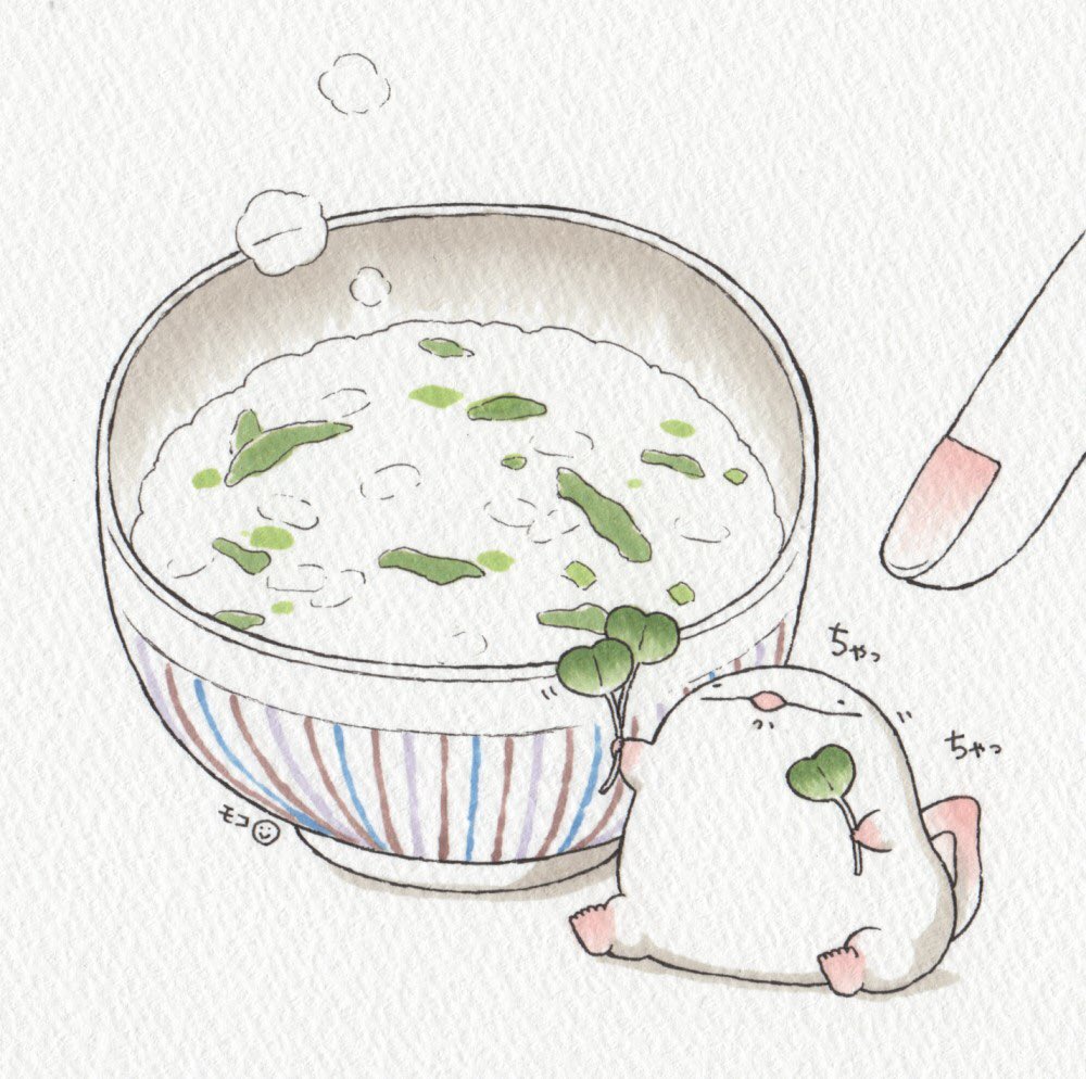 こんばんは モコです 今日は七草粥を食べる日 去年のオオサンショウウオさんは 七 モコ オオサンショウウオ漫画更新中です のイラスト