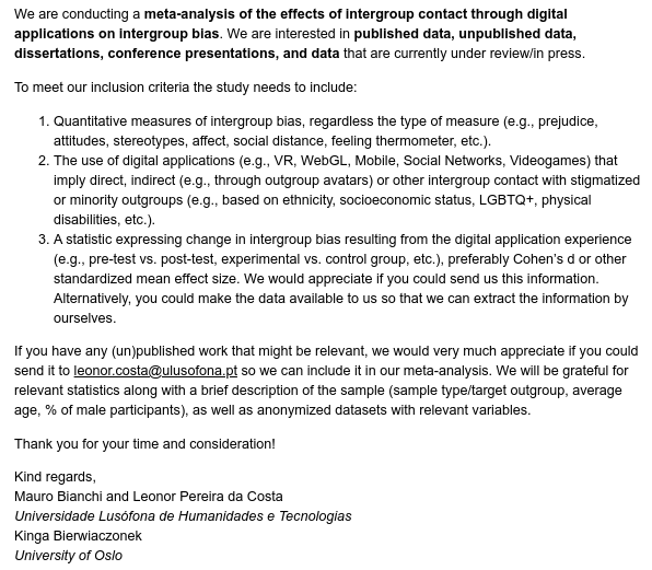 easpinfo's tweet image. Call for data for meta-analysis of the effects of intergroup contact through digital applications on #intergroup bias. Please help if you can, also RT! #metaanalysis #callfordata