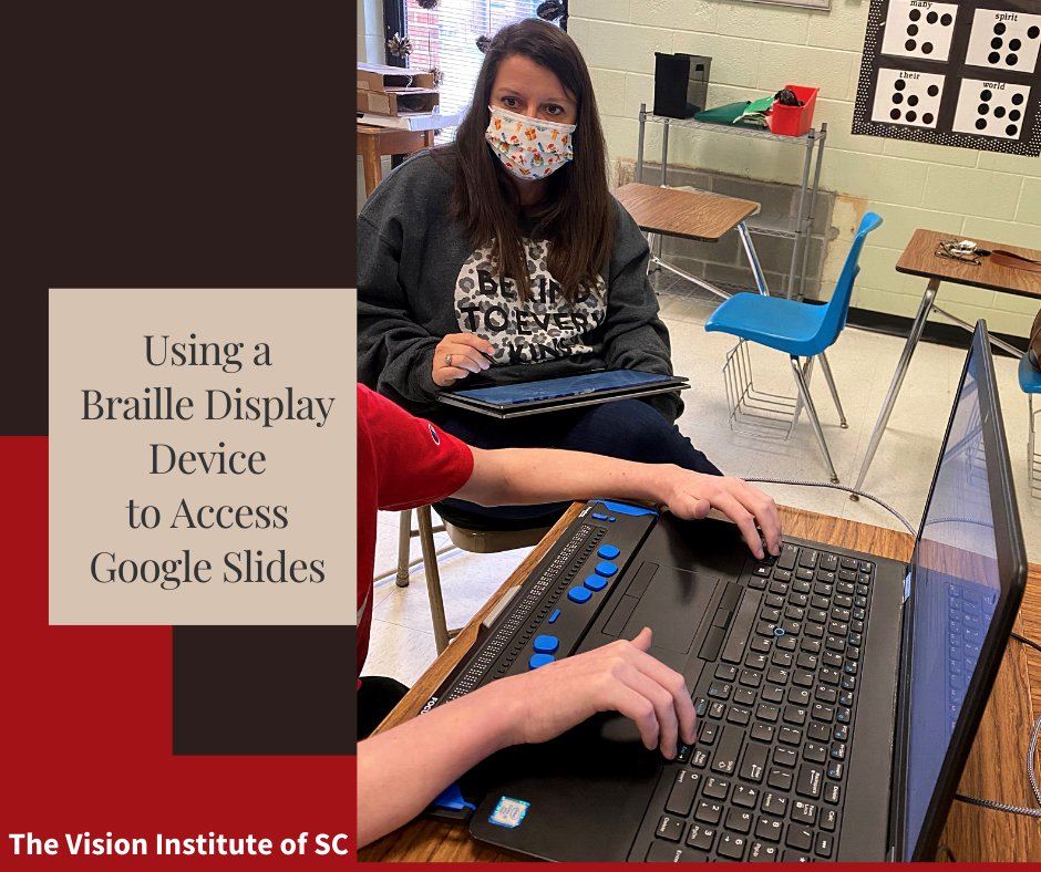 TVIofSC's tweet photo. New Lenovo device with a handy stylus worked great for this VI lesson! In this #TBT picture, our teacher is conducting a lesson on how to use a Freedom Scientific, Inc. Focus 40 braille display device to access #Google Slides. Thanks to VisionServe Alliance and #cleanlogic https://t.co/qUdcTzsB2S