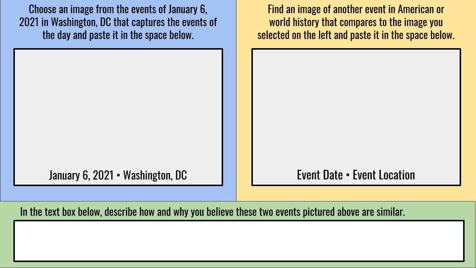 2min_tech's tweet image. While I made this with Social Studies teachers in mind, any teachers can feel free to use this Google Slides template to do a comparative event and image analysis and to spark discussion about yesterday's events in Washington: t.ly/uz1b