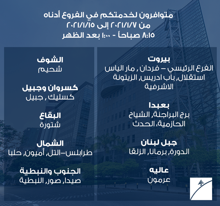 تماشياً مع قرار مجلس رئاسة الوزراء بالإغلاق الكامل ولتأمين خدمتكم بما يتلاءم مع الظروف الراهنة، نستقبلكم  في الفروع المذكورة أدناه من ٢٠٢١/١/٧ إلى ١٥ /١/ ٢٠٢١ لتلبية احتياجاتكم المصرفية كافة.
