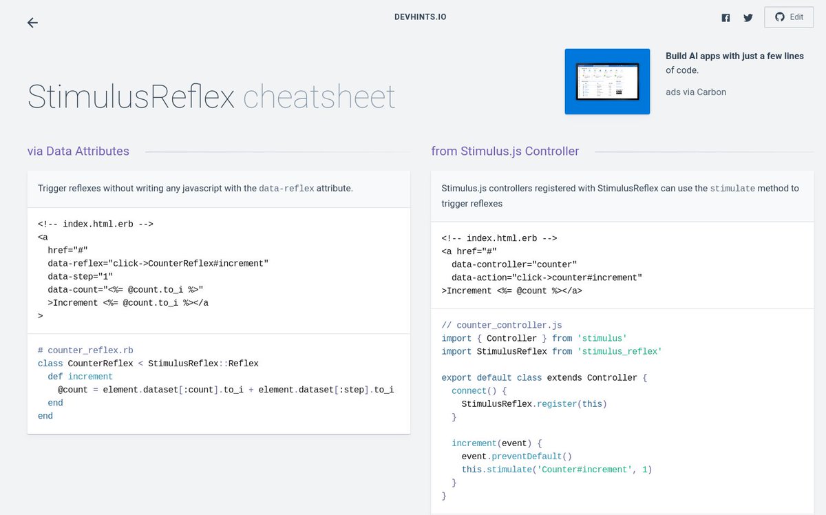 devhints's tweet image. Happy new year! Got a new chatsheet for Ruby's stimulus-reflex. Thanks to existentialmutt on GitHub for this :) devhints.io/stimulus-reflex