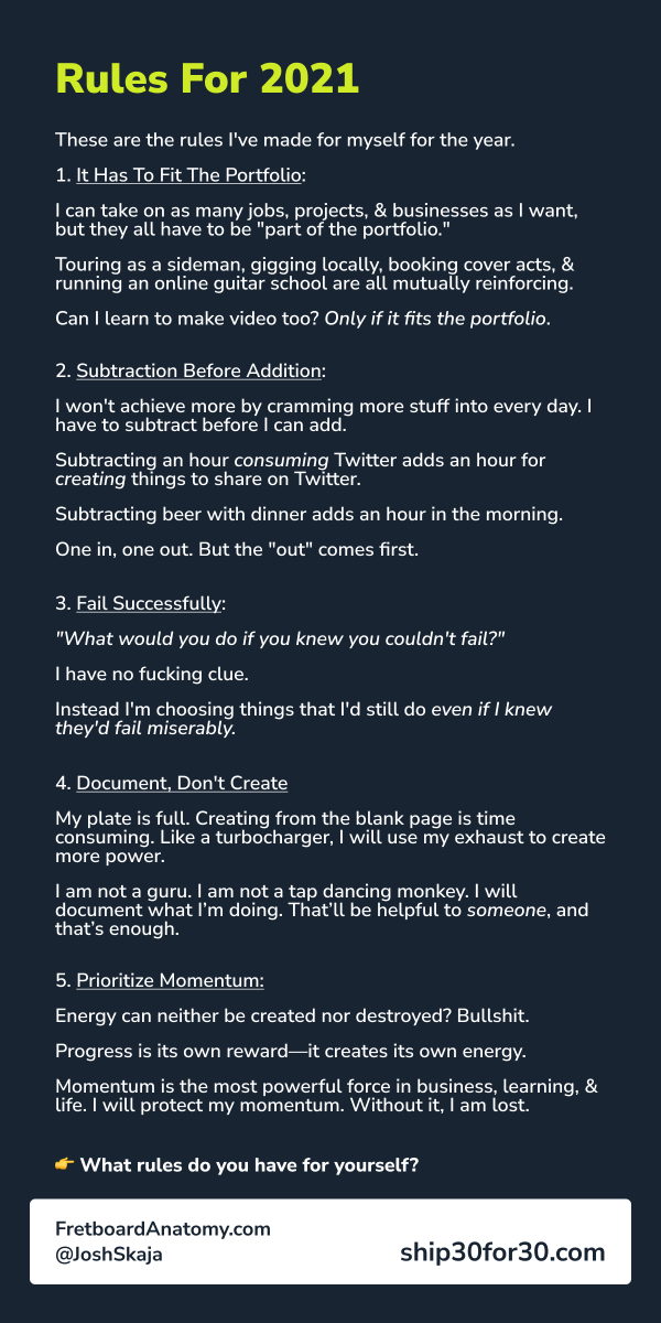January brings a special kind of ambitious optimism.Run a marathon! Speak spanish! Learn to code! Write a book! Lose weight! Practice piano!That's fine, go big.But we need constraints.Here are the rules I've made for myself this year.