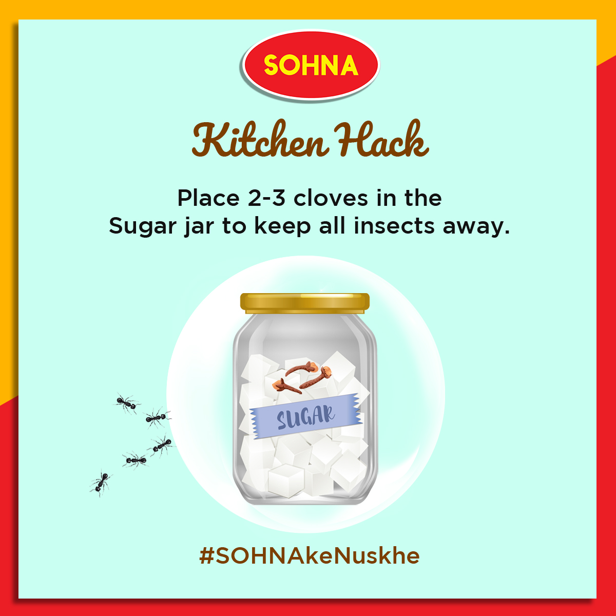 SOHNA_Markfed's tweet photo. Here's a quick kitchen hack for you. Place 2-3 cloves in the jar of sugar so that the insects stay away.
#SOHNAkeNuskhe #KitchenHack #SOHNA #MarkfedSOHNA https://t.co/CCLzOyJb3R