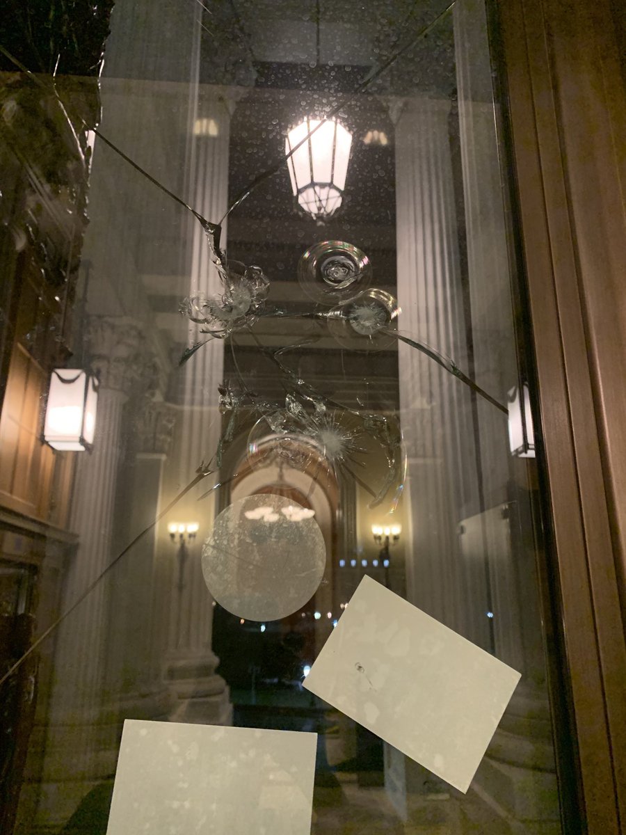 While the Capitol is reported mostly empty, inside You can see this:4 bullet holes in the glass of the doors that lead to the House Capitol steps where one insurrectionist was shot.