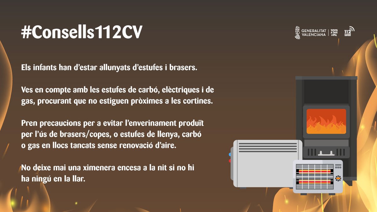 Davant la visita de la borrasca Filomena, la baixada de temperatures i l'arribada de la neu a la Comunitat Valenciana, recordem la necessitat de ser acurats amb les estufes, brasers i radiadors. El fred extrem durarà fins al diumenge. Siguem acurats amb les fonts de calor.