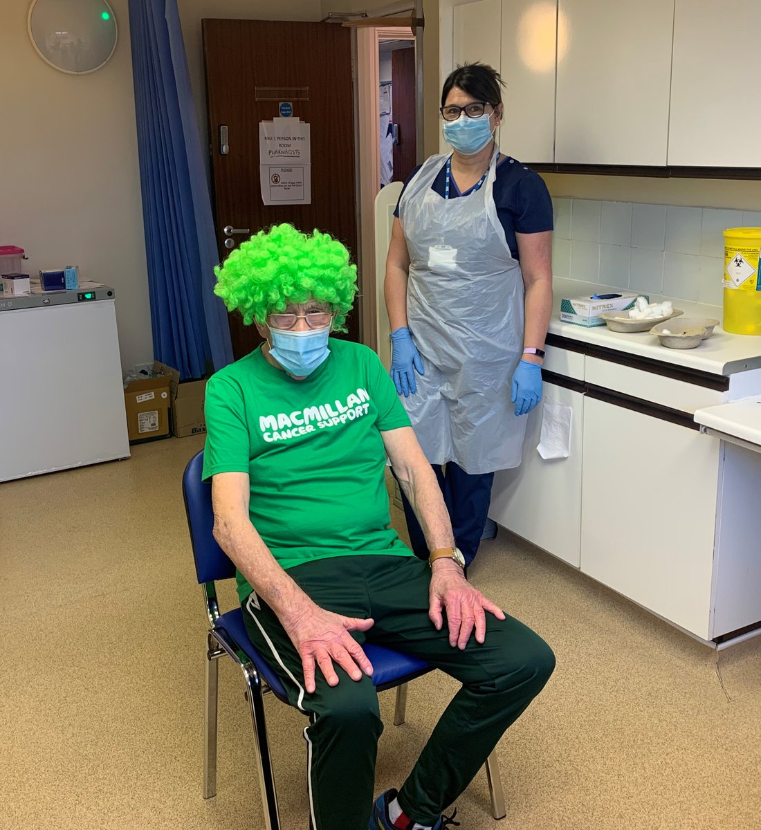 SheffieldHCP's tweet photo. John Burkhill, AKA the man with the pram,  a local celeb thanks to his fundraising for @MacmillanYorks, had his 1st covid vaccination at Manor Park Medical Centre today. Practice nurse Michelle Green vaccinated John. He said it was painless and encourages others to have theirs. https://t.co/oshiaOC2q1
