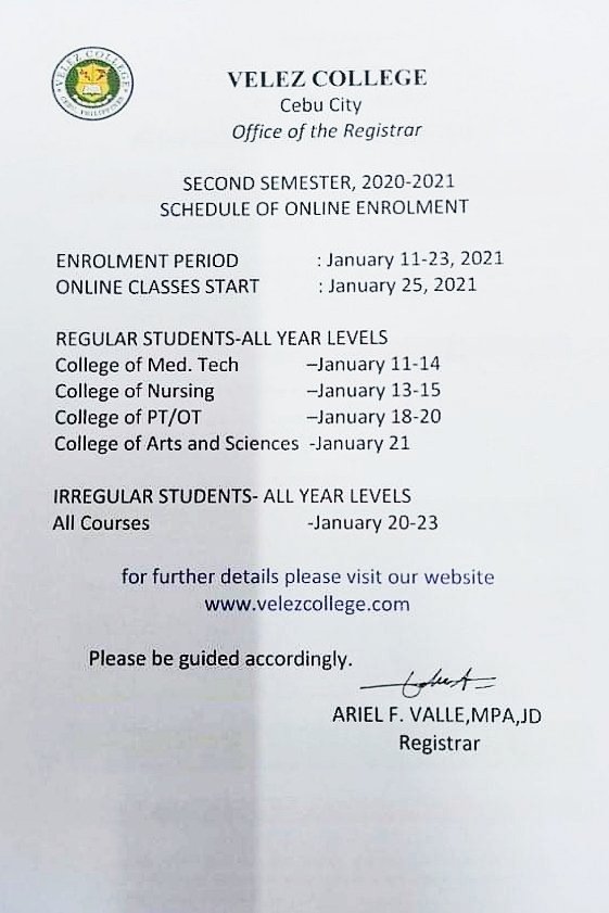 vitalsignsvc's tweet photo. EYES HERE VELEZIANS: Take note of the following dates of enrollment for the Second Semester A.Y. 2020-2021

Enrollment Period: January 11-23, 2021
Online Classes Start: January 25, 2021 https://t.co/qkn7WOdP6P
