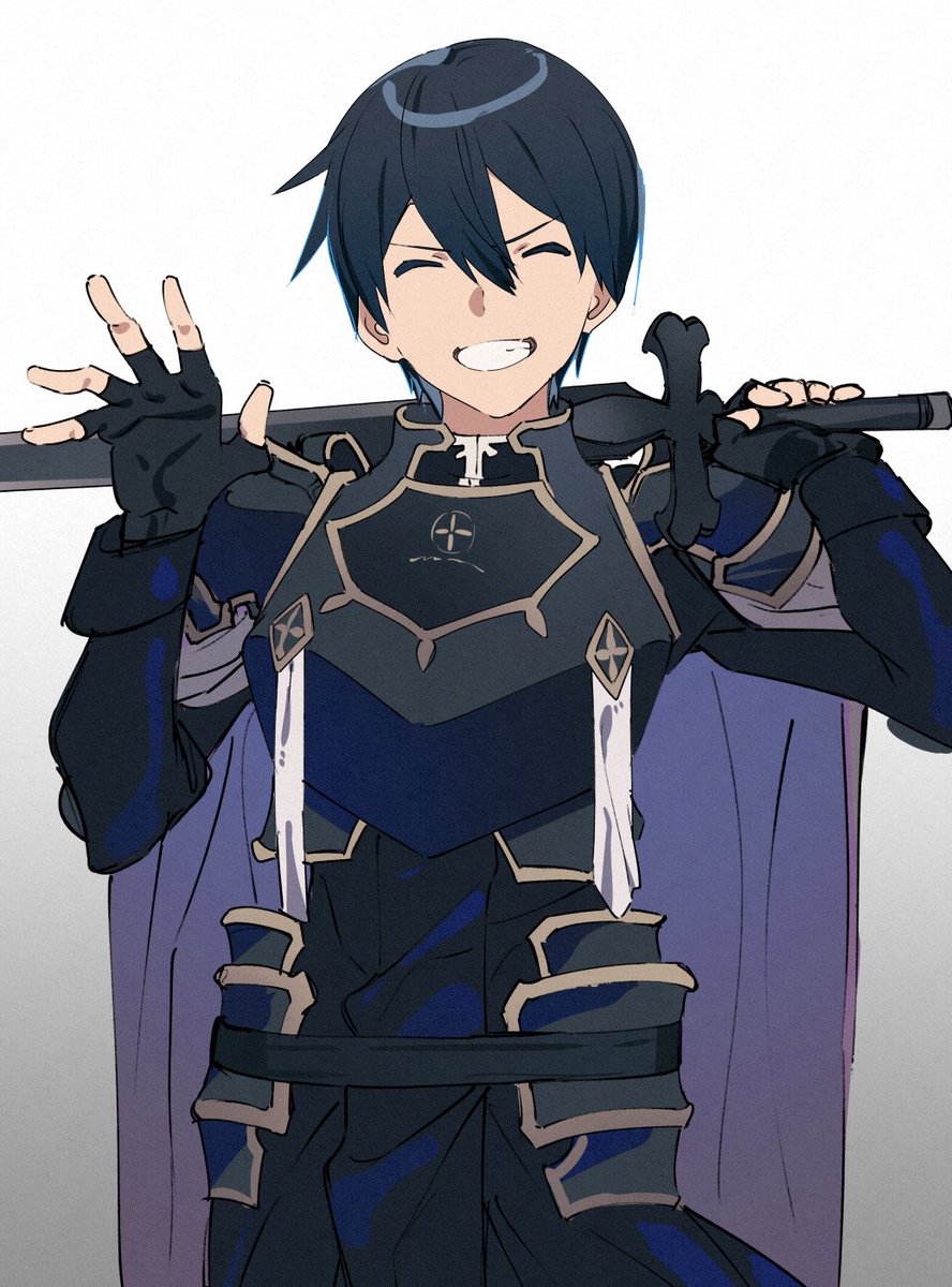 kirito 1boy male focus weapon smile sword closed eyes gloves  illustration images