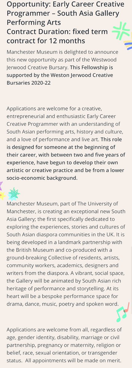 Brilliant new @McrMuseum 12 mth opportunity: Early Career Creative Programmer #SouthAsiaGallery Performing Arts. The Fellowship is supported by the Weston Jerwood Creative Bursaries 2020-22
More here👇🏾👇🏾👇🏾
museum.manchester.ac.uk/about/getinvol…
#arts #culture #museums #heritage #southasia