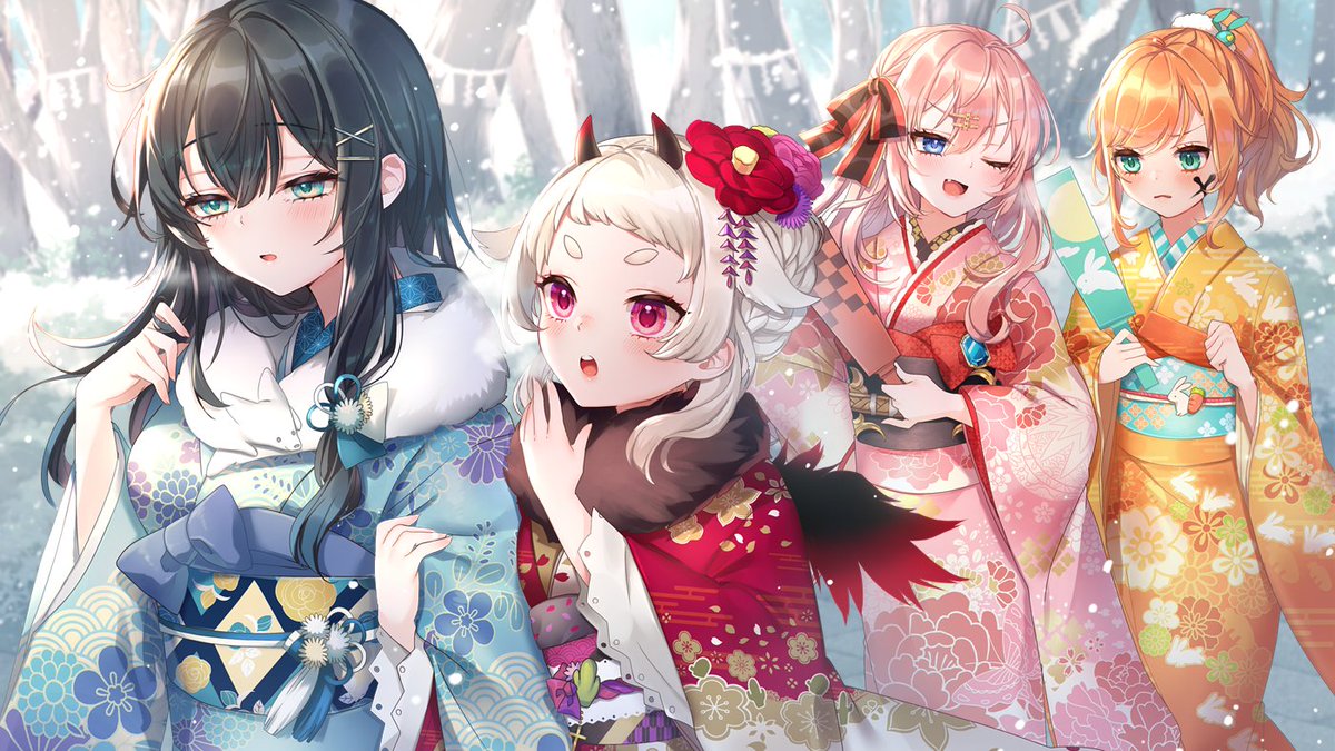 multiple girls 4girls kimono japanese clothes one eye closed blue eyes green eyes  illustration images