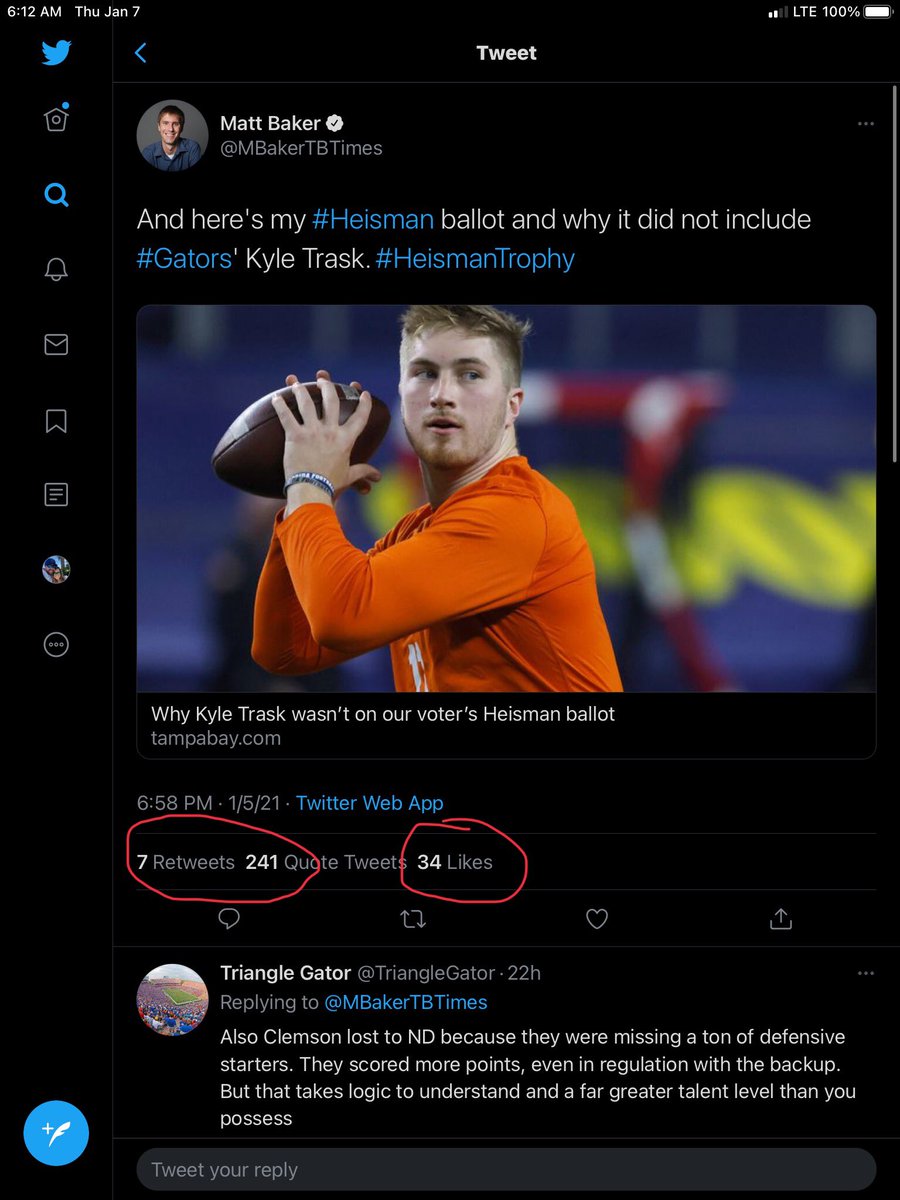 Shawn_Gilbert's tweet photo. What’s the goal here @TB_Times genuinely? Because the guy ONLY gets interactions on articles wherein he contradicts himself constantly. He’s not informative or entertaining.
@ScottStricklin should really consider revoking his credentials. He’s always negative about the university https://t.co/rwlQlWm4Wc