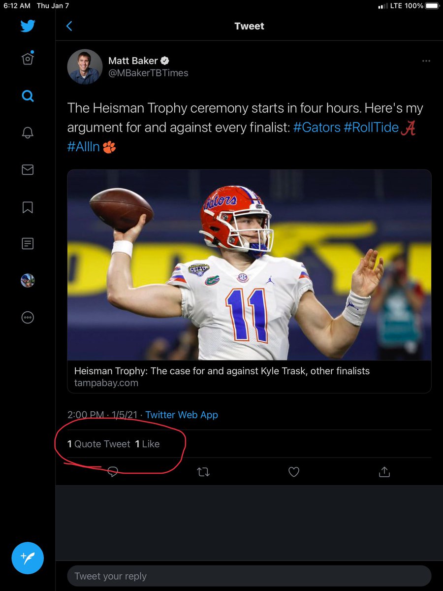 Shawn_Gilbert's tweet photo. What’s the goal here @TB_Times genuinely? Because the guy ONLY gets interactions on articles wherein he contradicts himself constantly. He’s not informative or entertaining.
@ScottStricklin should really consider revoking his credentials. He’s always negative about the university https://t.co/rwlQlWm4Wc
