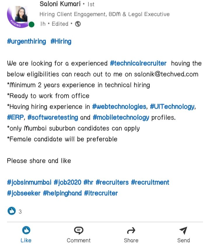 linkedin.com/posts/saloni-k… 
☝️
Forwarding and sharing a important message...
👇
The Right interested candidates can check the detail via LinkedIn link provided above. Follow-like-an d-share...

#WeAreHiring

@HRTechConf 
@HRExecMag 
@100kHRjobs 
@MumbaiHRJobs 

#Jobs #hr #Mumbai