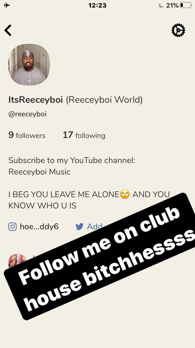 ItsReeceyBoi's tweet photo. Clubhouse broooo 

@reeceyboi 

#Clubhouse #ClubhouseApp #Reeceyboi #Follow #AddMe #GetAtMe #HMU #ItsReeceyboi #Hoedaddy #ReeceGotBantz #Jokes #Club #House #FollowMe #Debate #Talk #Banter #FollowForFollow #Birmingham #BrumTown #UK #Youtuber #Rapper #Comedian #Love #London #AddUp https://t.co/dOGHmsclfp