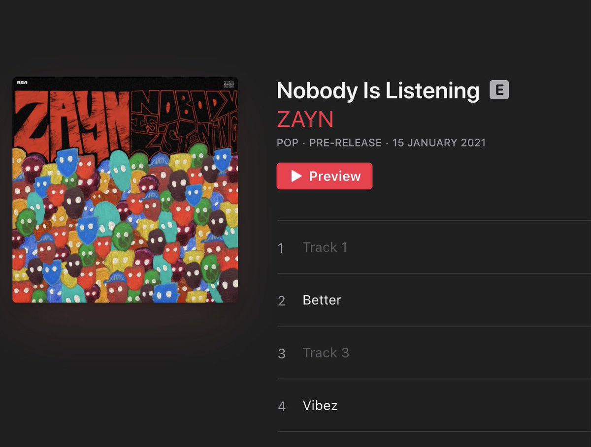 ZaynReport's tweet photo. Zayn’s third album, titled ‘Nobody Is Listening’,  is set to be released on 15 January 2021! 

The album features 11 tracks, including #Vibez as the track #4! https://t.co/SfBVYkAOH4