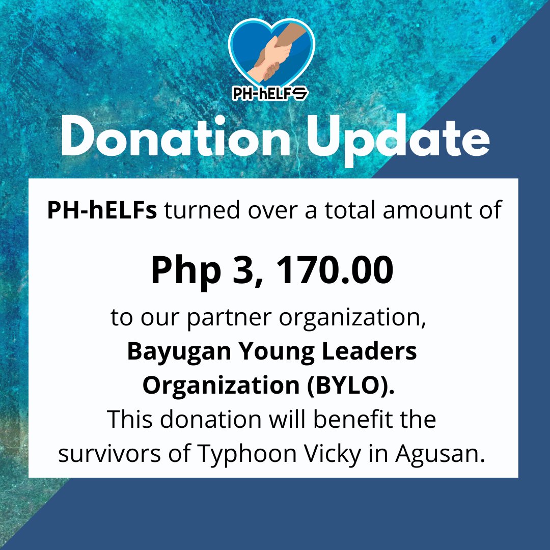PHhELFs's tweet photo. Hello!

Team PH-hELFs has turned over the donations to Bayugan Young Leaders Organization on January 5, 2021.

For more information about BYLO, and their relief efforts, visit: https://t.co/mqkAK7CaGn

We would like to thank the donors who supported our cause. 

#SJ_Gives_hELF 💙 https://t.co/vp8WGOhimE
