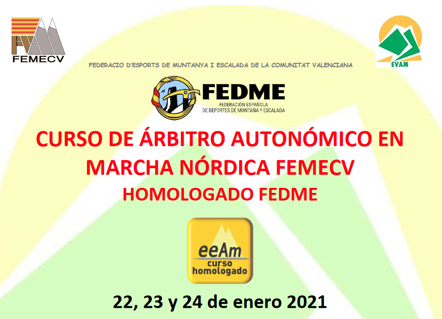 Curso de árbitro autonómico de Marcha Nórdica, de la <a href="/femecv/">FEMECV</a> Federació d'Esports de Muntanya i Escalada de la Comunitat Valenciana, inicialmente previso en Alicante para los días 22, 23 y 24 de enero 2021.

Más info en:  tienda.femecv.com/cursos-evam/cu…