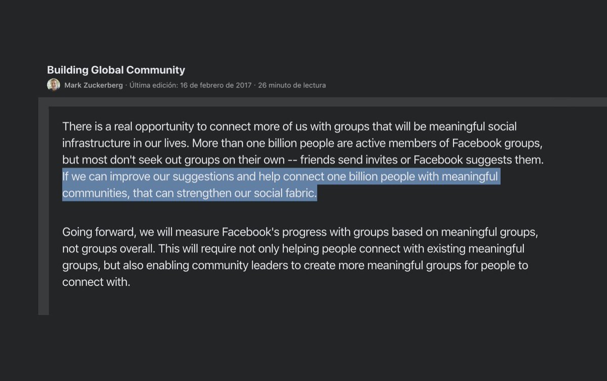 Pero el plan no se quedo sólo en un anuncio. La clave de la estrategia fue el algoritmo de recomendación: utilizando los datos de los usuarios, Facebook recomendaría sin descanso grupos afines para intentar que se unieran y aumentar así el tiempo que pasan en su producto.7/