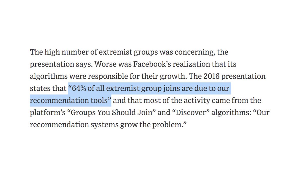 Y no solo esto. Facebook también era consciente de que las organizaciones extremistas se aprovechaban enormemente su sistema de recomendación. Un 64% de los nuevos miembros de estos grupos entraban gracias a las recomendaciones de Facebook.10/