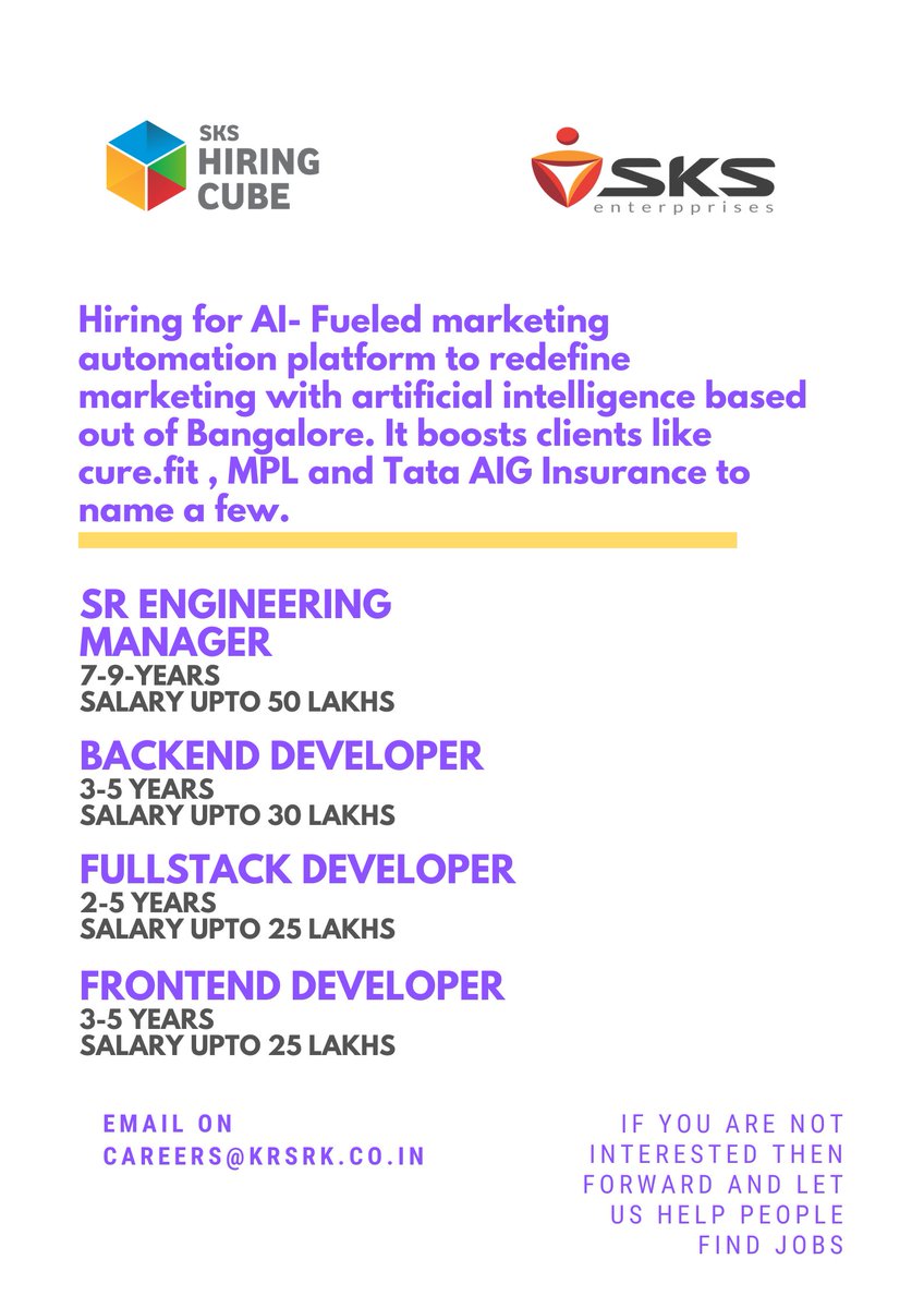 sksenterpprises's tweet photo. Hiring for a Series A startup based out of Bengaluru and into marketing cloud.
Email your profile on -> careers@krsrk.co.in
#sksenterpprises #skshiringcube #engineeringjobs #technology #backenddeveloper #frontenddeveloper #fullstackdeveloper #engineeringmanager https://t.co/XL1b5Y56Nh