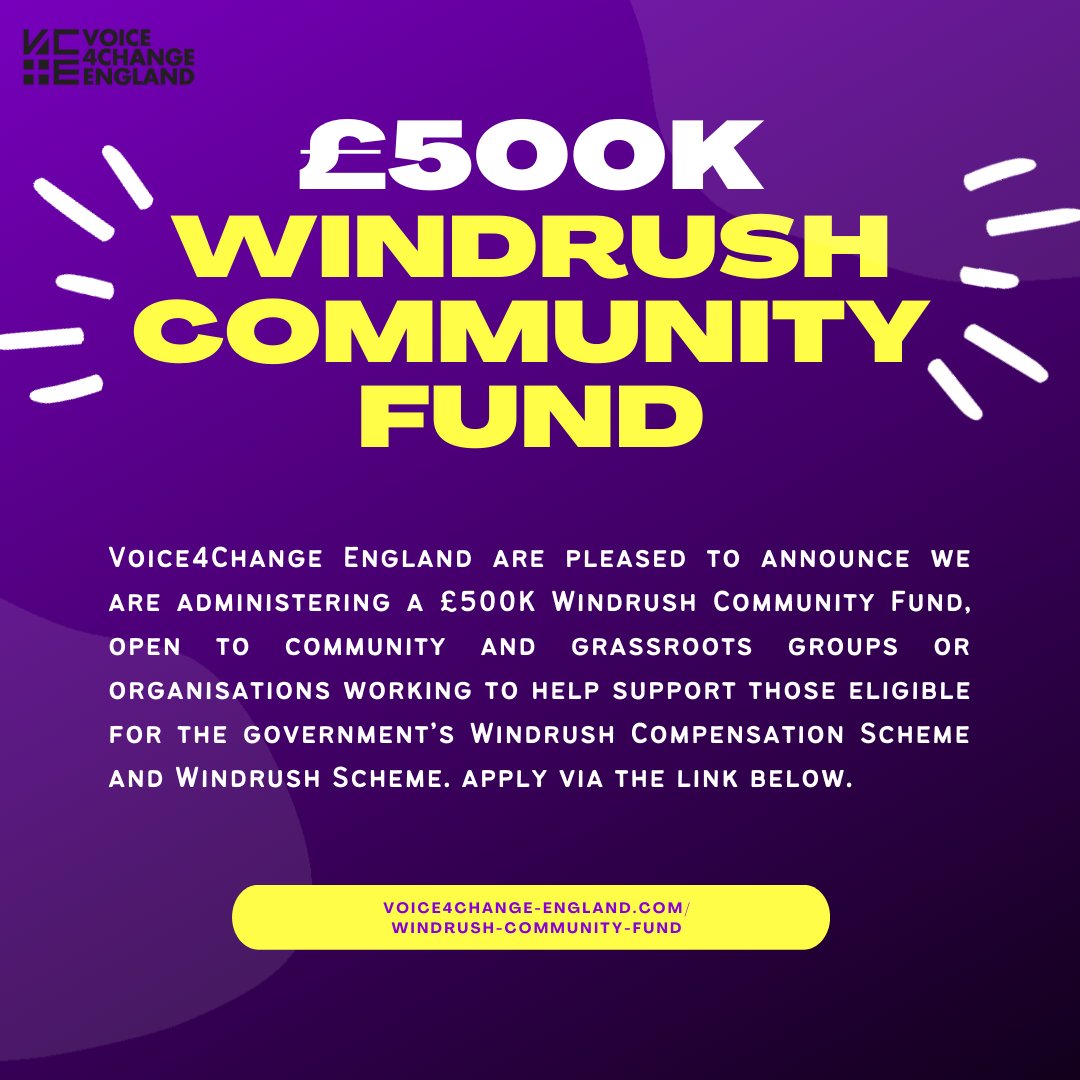 V4CE's tweet photo. £500K Windrush Community Fund now open for bids,
to help support those eligible for the government’s Windrush Compensation Scheme and Windrush Scheme.

The fund will be administered by Voice4Change England. 

🟣Apply now: https://t.co/wEztbsQwCK
🟣Deadline: 12 Feb 2021

#Windrush https://t.co/apyatU1lkr