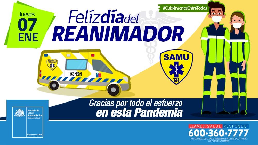 📅 Hoy 07 de enero, saludamos en su día a todos los profesionales Reanimadores de nuestras bases SAMU de nuestra red Asistencial. 
El Servicio de Salud Araucanía Sur destaca su importante labor y la constante entrega en cada procedimiento. 
Un afectuoso saludo a todos ustedes