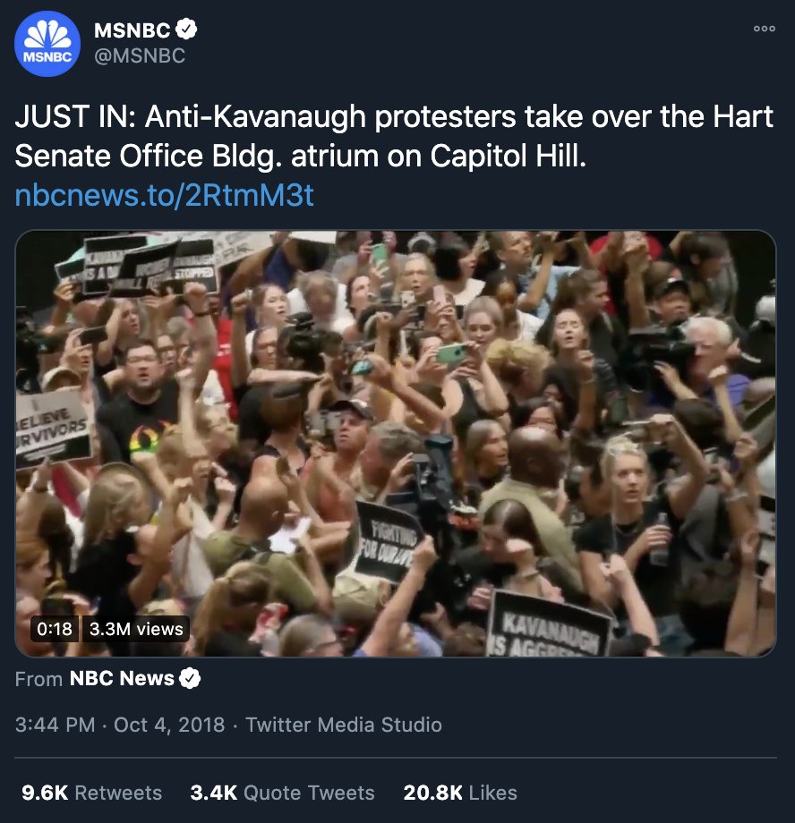When you want elected officials to hear your concerns, you are a domestic terrorist.When they want to intimidate elected leaders from carrying out lawful processes, they are simply "Anti-Kavanaugh protestsers take over the Senate Office Bldg. atrium on Capital Hill."  https://twitter.com/WokeCapital/status/1347005673150816258