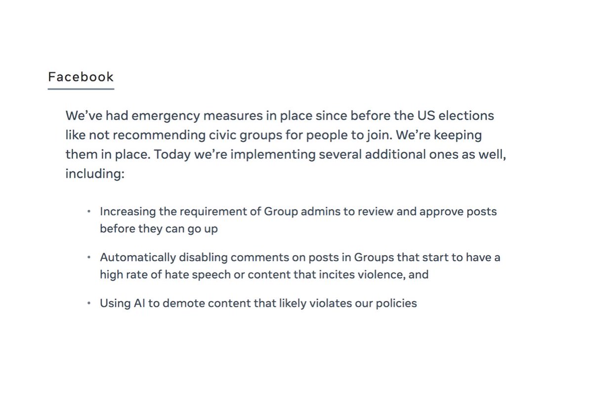 De ahí que Facebook se haya dado mucha prisa por implementar medidas para combatir el contenido que fomenta el odio y la violencia en los “Grupos”. Muchos expertos y analistas en Estados Unidos están señalando a la red social como cómplice de lo ocurrido.13/