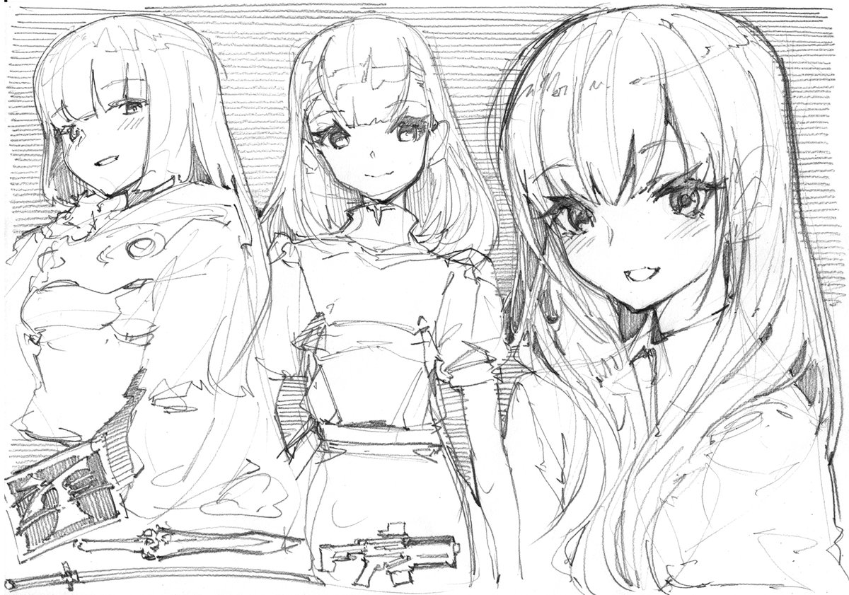 A4ラクガキ
女の子の練習+武器をちょこっと。
特にこれといって意識してたものもなく適当。それぞれまつ毛の感じを変えつつ絵柄のイメージが変わるか試してたと思います。服装についても適当で左からSF、道着、ワイシャツといったイメージで描いてました。間が寂しかったので武器を少し描き足して終