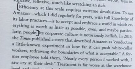 Grace Beverley highlights a passage in a book talking about how Amazon’s business operates on “extreme devaluation” & terrible labour practices - including the poor warehouse conditions mentioned at the bottom of the page.Let’s talk about the irony of this: