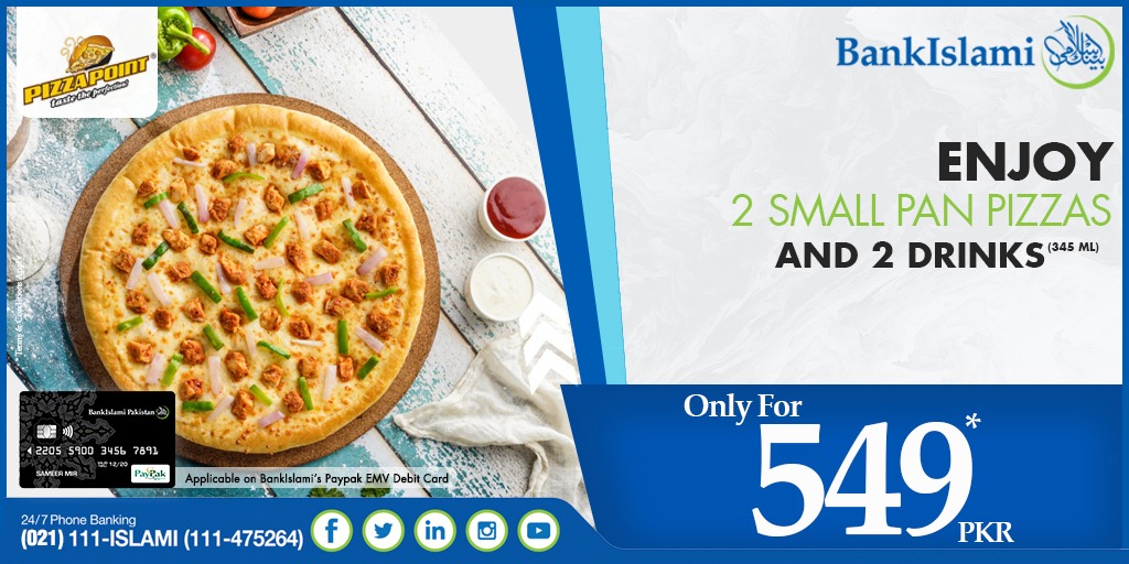 BIPLOfficial's tweet photo. Enjoy your favorite comfort food from your favorite comfort zone- Pizza Point! With BankIslami's EMV Debit Card, get 2 small pan pizzas with 2, 345ml drinks for only 549 rupees in all outlets of Pizza Point across the country.

#BankIslami #PizzaPoint #offers https://t.co/o3ThyhuoeW