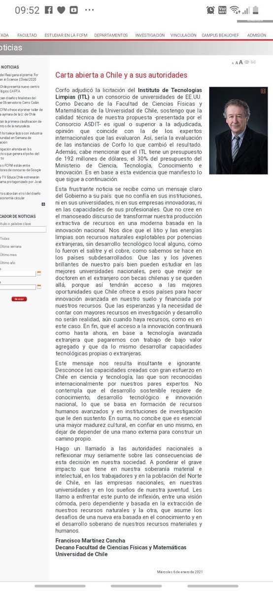 radio_piduco's tweet photo. Francisco Martínez de la U. CHILE envía carta abierta a Chile y autoridades por adjudicación de Licitación de Corfo a Consorcio Norteamericano chileno por más de 190 millones de dólares. 
El reclamo se basa en la mejor propuesta de las universidades chilenas y alianzas internac. https://t.co/rmD8LmIXqE