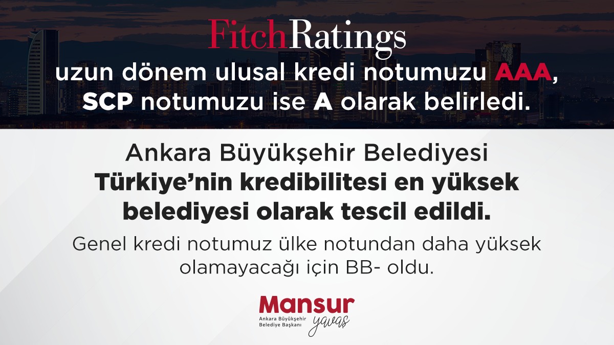 Fitch Ratings tarafından uzun dönem ulusal kredi notumuz AAA ve SCP notumuz A olarak belirlendi.

Türkiye’nin kredibilitesi en yüksek belediyesi olarak tescil edildiğimiz için çok mutluyuz.

Genel kredi notumuz ise ülke notundan daha yüksek olamayacağı için BB- olarak verildi.