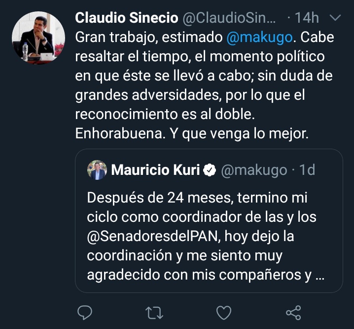 PedroBufalo's tweet photo. Me parece maravilloso que quienes hablan de la renuncia al Senado de Mauricio Kuri y alaben (de manera ridícula y exagerada su "trabajo") sean solamente panistas, porristas, proveedores y trols de proveedores.

NINGÚN ciudadano de a pié tuvo el tiempo de regalarle un like. https://t.co/MB8a6TyXYD