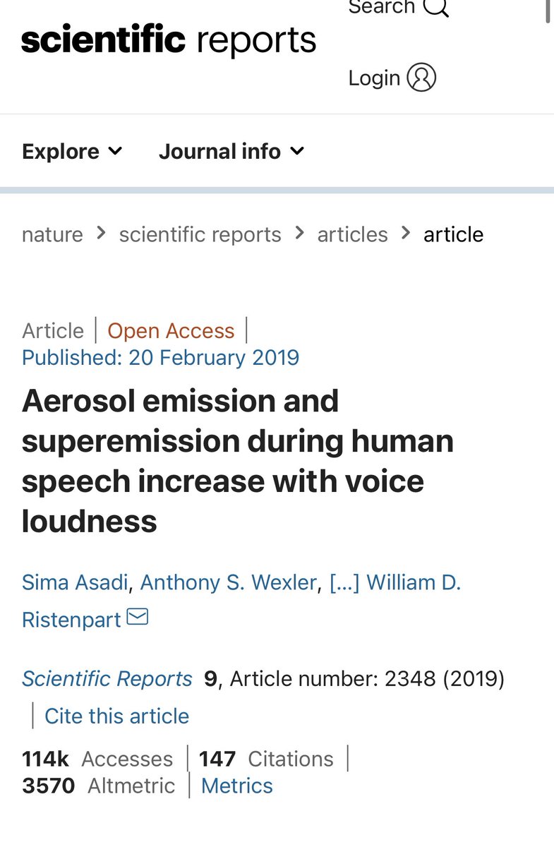 4/ Why? Because we know that even normal speaking emits aerosols. We know that both droplets & aerosols contribute to spread of  #covid19Earlier in the year, when masks were in short supply, we were told to either not even wear a mask or wear cloth masks https://www.nature.com/articles/s41598-019-38808-z