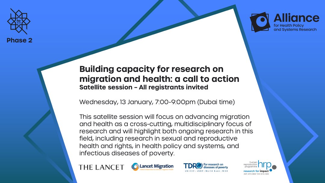 Are you attending #HSR2020? If so, join the satellite session featuring a forum discussion, 'Towards a global agenda for research on migration and health capacity building', chaired by The Lancet's <a href="/jocalynclark/">Jocalyn Clark</a> on 13 January👉 bit.ly/2LuY0kC