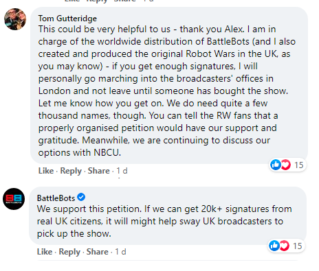 Bugglebots (@bugglebots) on Twitter photo Bugglebots was started because <a href="/UKRobotWars/">Robot Wars</a> was cancelled.
Now Robot Wars' creator and the <a href="/BattleBots/">BattleBots</a> producers are speaking up: we need to show there's actual UK interest in televised combat robotics! Please sign the petition: chng.it/QZPk5Jhwpq and share around. Bugglebots was started because <a href="/UKRobotWars/">Robot Wars</a> was cancelled.
Now Robot Wars' creator and the <a href="/BattleBots/">BattleBots</a> producers are speaking up: we need to show there's actual UK interest in televised combat robotics! Please sign the petition: chng.it/QZPk5Jhwpq and share around.
