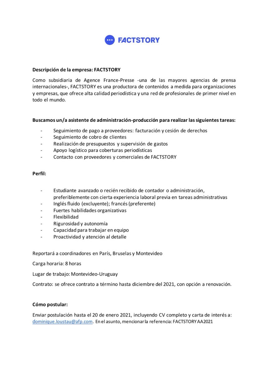 ElisaLieber's tweet photo. Buscamos asistente administrativo @factstoryagency https://t.co/5yPLGw2Xad
